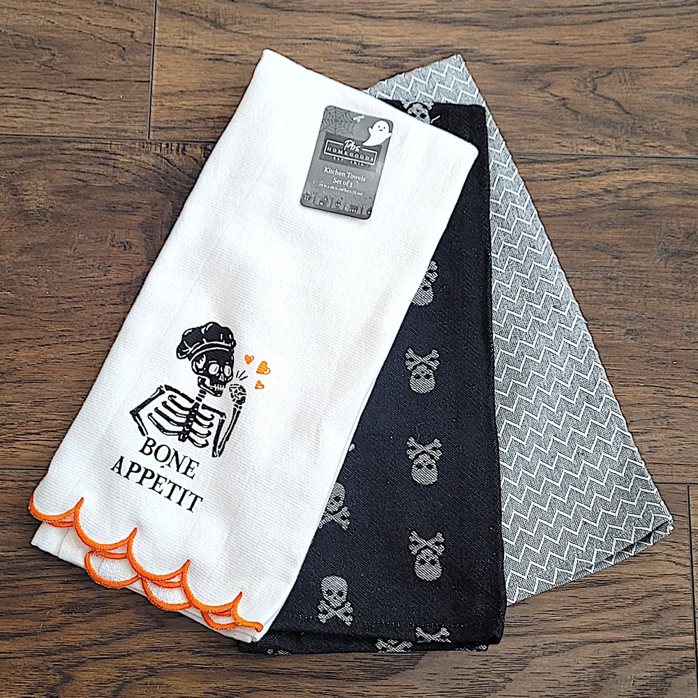 Pbs Homegoods Skeleton Kitchen Towels Set of 3  Black Skull & Bones Bone Appetit